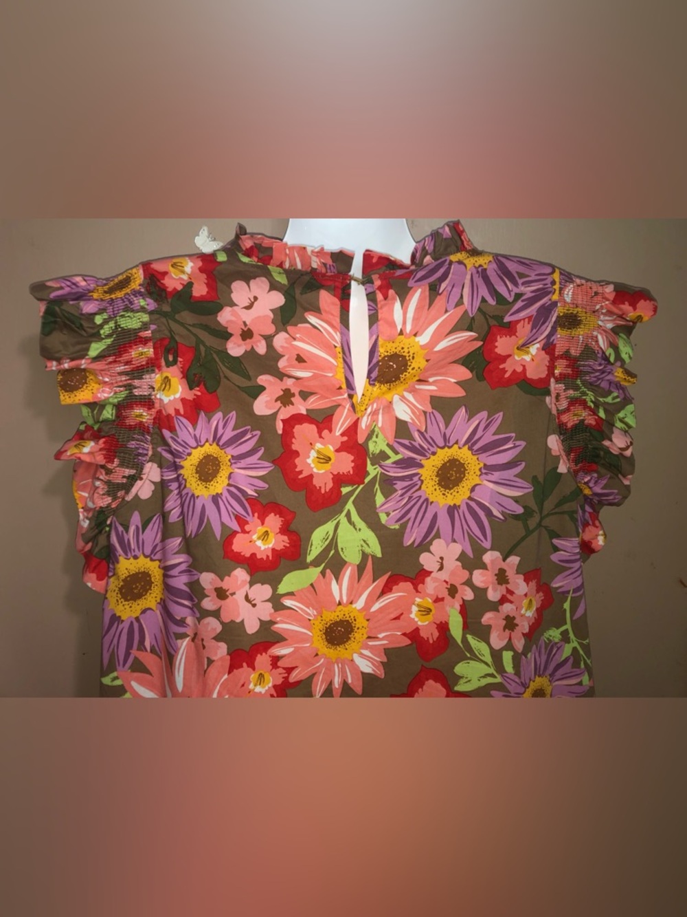 Jodifl Floral Print Dress Ruffled Neckline & Smocked Sleeves Size L - Picture 5 of 7